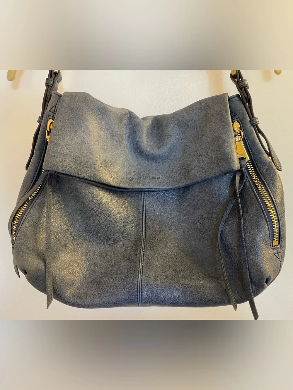 Aimee Kestenberg Bali Double Entry Leather Hobo Distressed Denim Blue With Flap